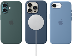 Diferentes accesorios MagSafe para iPhone. Funda de silicón con MagSafe para el iPhone 16, verde lago, funda de silicón con MagSafe para el iPhone 16 Pro, azul denim, conectado a un cargador Magsafe, blanco, funda de silicón para el iPhone 16e, azul invierno