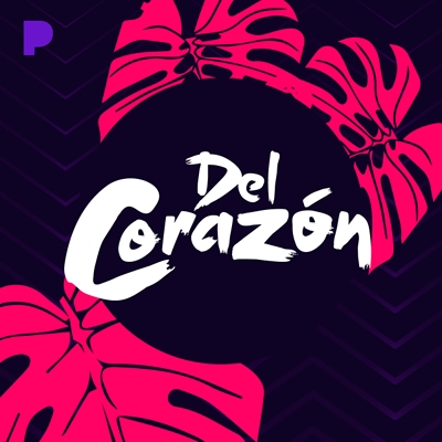 Cover art for Del Corazón Pandora channel, Del Corazón logo over a tropical floral print
