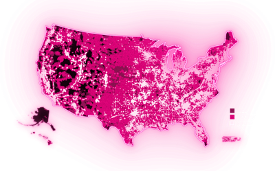 Mapa de los EE. UU. iluminado en magenta para mostrar la enorme cobertura de T-Mobile.
